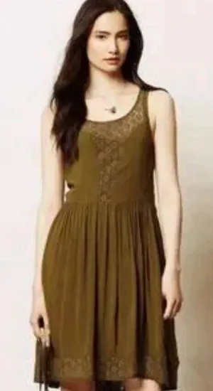Anthropologie Lilka Dress Olive Green Rayon & Lace Sleeveless Open Back Sz S thumbnail 1