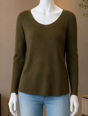 American Eagle Womens Sweater Olive Green Ribbed Knit Scoop Neck Medium thumbnail 1