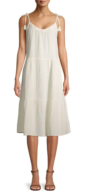 Time and Tru Womens Ivory Stripes Tiered Midi Dress Tie Tassel Strap NEW Large thumbnail 1