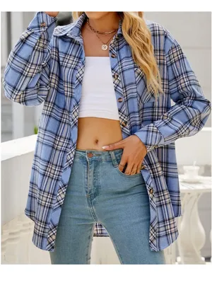 CHYRII Amazon Brand Women’s Oversized Blue Plaid Flannel Button Down Shirt thumbnail 4