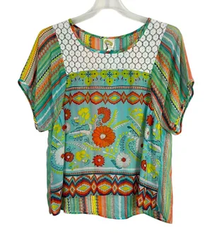 Fig and Flower Women's Boho Floral Geometric Lace Yoke Blouse Teal/Orange -Sz XL thumbnail 1