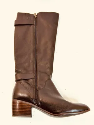 Isola Dark Brown Leather Riding Boots, Stacked Heels, Brass Buckles, size 9.5 thumbnail 10