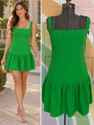 NWT Amanda Uprichard Apple Green Drop Waist Square Neck Mini Dress Sz M 🧡🍄 thumbnail 2