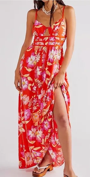 Free People Wisteria Maxi Dress XS $148 vibrant orange pop combo floral print thumbnail 1