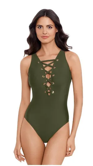 NWT Magicsuit Steffi One-Piece Lace-Up Grommet Swimsuit Bamboo Green 16 thumbnail 1