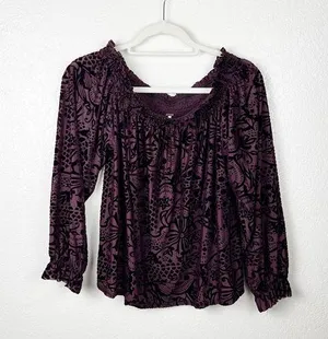 Free People Purple Velvet A Little Twist Off Shoulder Burgundy Blouse Size M thumbnail 1