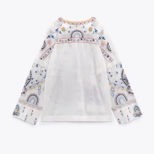 Zara Embroidered Floral‎ Fish Turtle Bird V-Neck Blouse Oyster White Small thumbnail 4