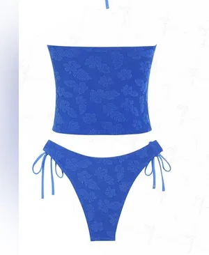 New Seamolly Terry Cloth Jacwuard Floral Halter Tie Tankini Set Cobalt Blue thumbnail 2