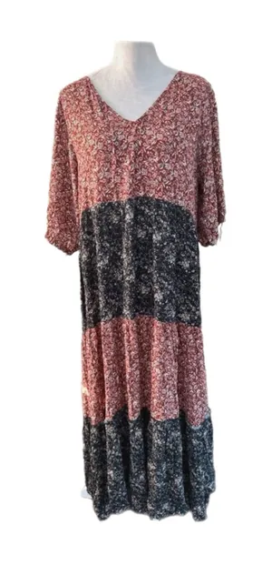 NATURAL LIFE Dusty Rose and Charcoal Floral Tiered Maxi Dress thumbnail 1