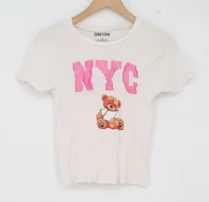 On Fire T-Shirt Womens L NYC Teddy Bear White Ribbed Baby Tee Excellent thumbnail 1