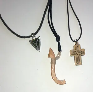 Set of 3 Boho Pendant Necklaces — Silver Tone Arrow & Wooden Jesus Cross thumbnail 1