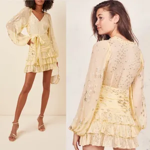 LoveShackFancy Dress Rina Silk Metallic Star Ruffle Mini Sunmer Sunflower 2 EUC thumbnail 11