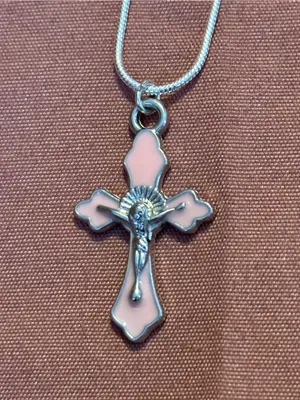 Sterling Silver 925 Cross Pendant Necklace with Pink Enamel thumbnail 2
