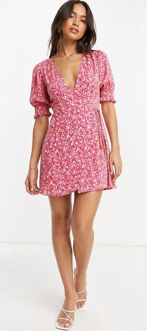 NWT ASOS Pieces Wrap Ditsy Floral Pink Mini Dress Feminine Flowy Girly thumbnail 1
