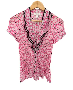 Dressbarn Pink Floral Pleated‎ Ruffle Button Blouse Romantic Cottagecore M thumbnail 1