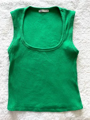 Zara Green Ribbed Scoop Neck Tank Size Small thumbnail 1