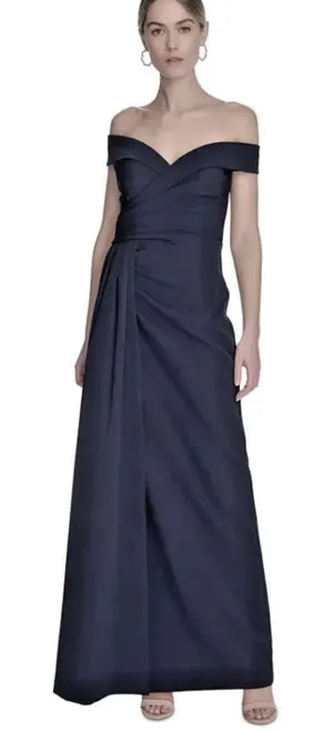 Eliza J Pleated Off Shoulder Gown Dress Size 4 $218 Navy Blue Crepe thumbnail 1