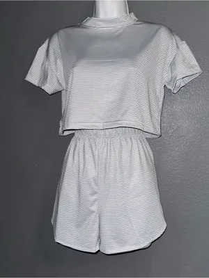 Women’s Matching Pajama Set Short Sleeve Top & Shorts Grey/White Medium thumbnail 5