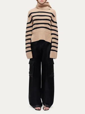 Simkhai Cashmere Wool Adrienne Striped Button Turtleneck Brown Sweater thumbnail 2