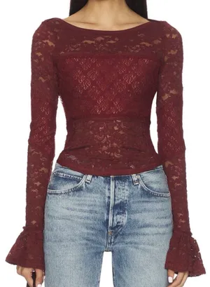 NWT Free People Burgundy Lace Long Sleeve Top M thumbnail 1