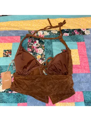 Samiol NWT Peacock Brown Tankini Small Two Piece Brown Textured Top & Shorts Set thumbnail 9