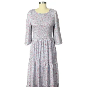 Melloday Baby Blue & Pink Smocked Bodice Tiered Floral Print Maxi Dress M thumbnail 2