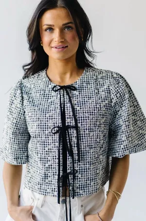 In The Beginning Womens Bria Tie Front Gingham Embroidered Blouse Black Size Lar thumbnail 1