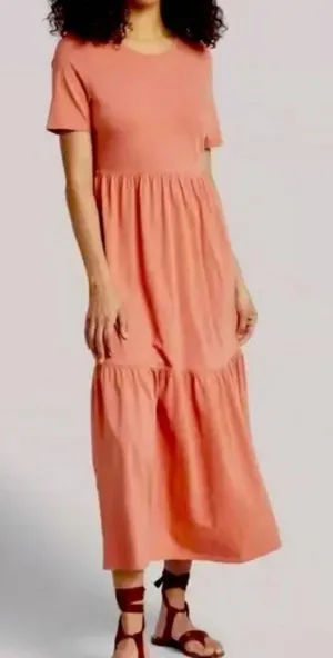 NWT Faherty Branson Dress Desert Sand Coral Tiered Midi Organic Cotton‎ XS thumbnail 1