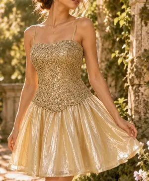 Carmen Marc Valvo Y2K 90s Champagne Gold Whimsy‎ Fairycore Festival Embroidered Corset Dress S thumbnail 1