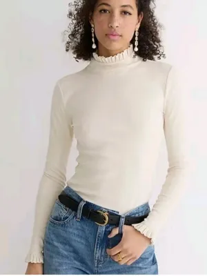 NWOT J. Crew Womens Vintage Rib Ruffle Mockneck in Ivory Size XL thumbnail 1