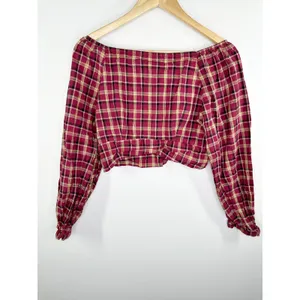 Eggka Peasant Milkmaid Crop‎ Top Red Cream Plaid Long Sleeve Button Front Small thumbnail 2