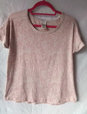 Lucky Brand Pink Paisley Knit Top Rolled Short Sleeve M thumbnail 1