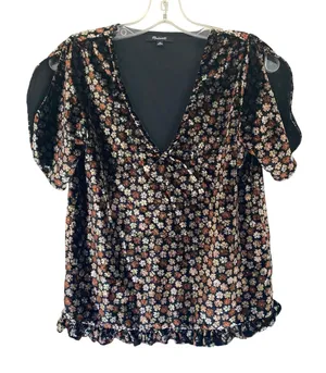 Madewell Velvet Split Sleeve Ruffle Hem‎ Floral Top Black Brown K2795 XS thumbnail 1