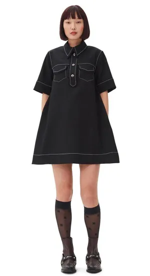 GANNI NEW Sable Topstitch Crepe Swing Button Front Mini Dress Black Sz 36 SNAGS thumbnail 1