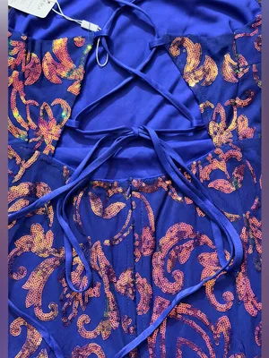 Blue Metallic Floral Fit-and-Flare Party Dress thumbnail 3