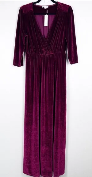 Baltic Born Velvet Maxi Dress Women Size L Burgundy V Neck Long Sleeve Formal thumbnail 1