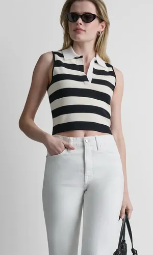 DKNY Black and Cream Striped Sleeveless Polo Tank thumbnail 1