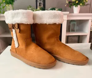 Women’s Tan Faux-Suede Winter Boots with White Faux-Fur Cuff and Side Bows thumbnail 1