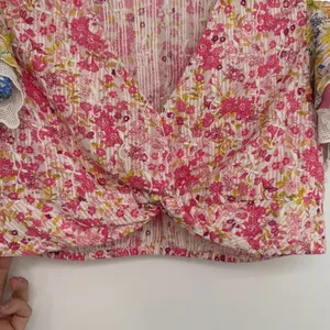 LoveShackFancy Kielle Crop Top Size Medium Pink Floral Twist Front Ruffle Sleeve thumbnail 7