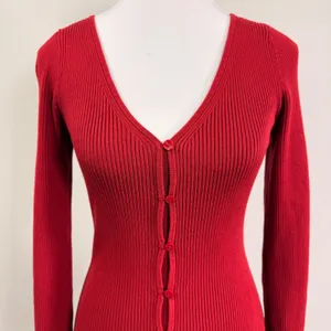 Abercrombie & Fitch Red Ribbed Knit Button Front V-Neck Stretchy Mini Dress Sml thumbnail 5