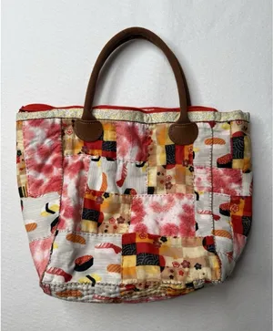 Patchwork Quilted Tote Bag Floral Sushi Patterns Handmade Boho Cottagecore Red thumbnail 1