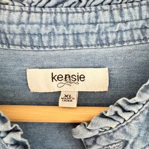 Kensie Jeans Blue Denim‎ Shirt Ruffle Mandarin Collar Long Sleeve Light Wash XL thumbnail 10