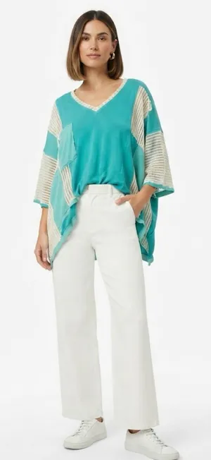 POL Bohemian Oversized Contrast Crochet Tunic Top – Teal & Cream – Size S thumbnail 1