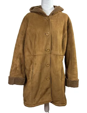 Very Veranesi Faux Suede Shearling Coat‎ Brown Sherpa Lined Hooded Vintage 90s L thumbnail 1
