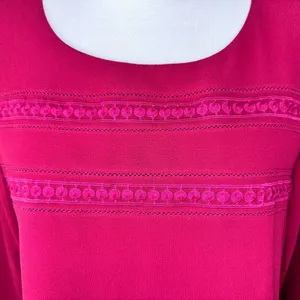 Naked Zebra Blouse Sz M Round Neck Keyhole Back Embroidered 3/4 sheer sleeves thumbnail 3