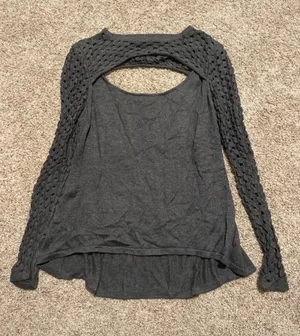 Allison Joy size medium grey long sleeve top with cut out back and crochet sleeves #crochet thumbnail 1