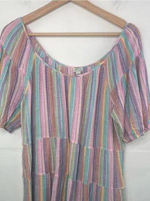 J. Crew Original Beach Wear Pastel Multicolor Striped Tiered below knee Dress thumbnail 2