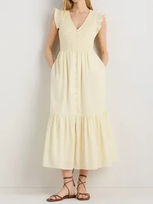 Quince Organic Textured Cotton Smocked V-Neck Midi Dress Pale Custard Yellow L thumbnail 2