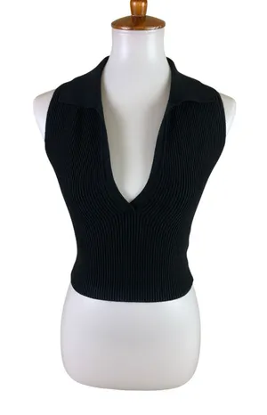 House Of Harlow 1960 Black Ribbed V-Neck Halter Top Small Y2K Quiet Luxury thumbnail 1