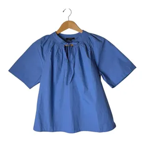 Quince Split Neck Top Women XS True Blue Organic Cotton Poplin Blouse Preppy thumbnail 2